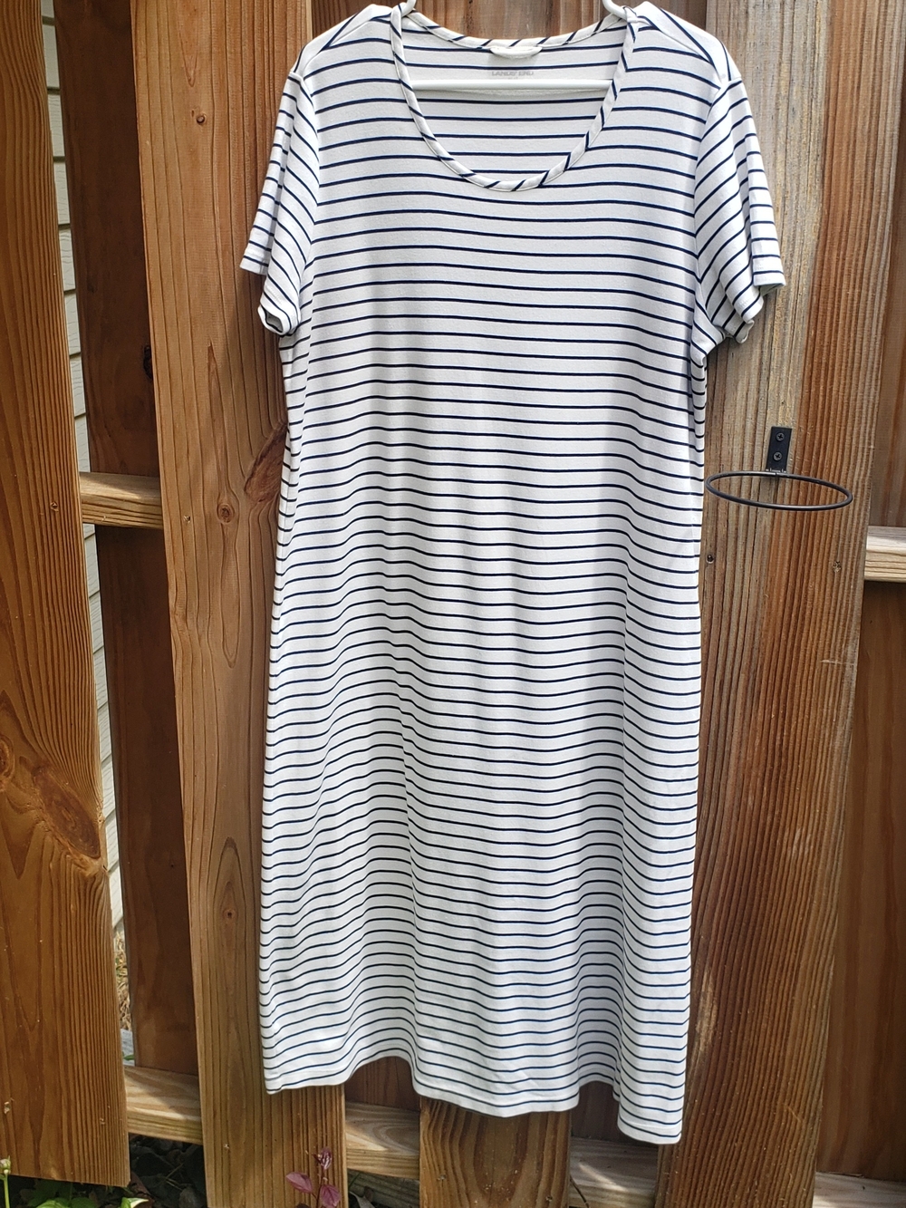 Lands End Striped White and Navy Short-Sleeve T-Shirt Midi Dress XL Tall